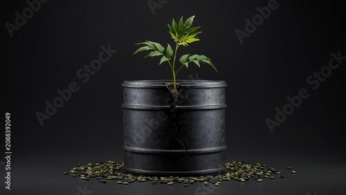Green seedling emerging from black oil barrel representing sustainable environment