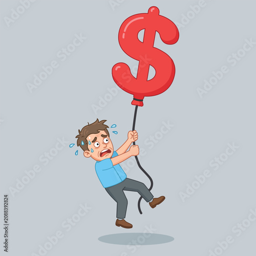 Photos worried man character trying to hold down a giant floating red balloon shaped like a dollar sign, representing inflation, flat design, bold clean lines, vibrant colors, solid light grey background
