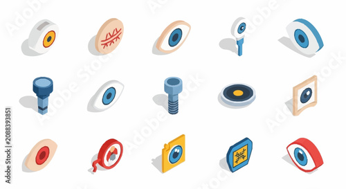 Colorful Isometric Icons of Eyes and Targets for Design Projects.