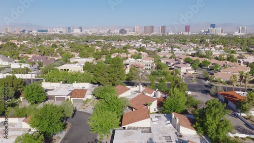 Las Vegas Neighborhood Aerial with Strip Skyline and Mountain View 01