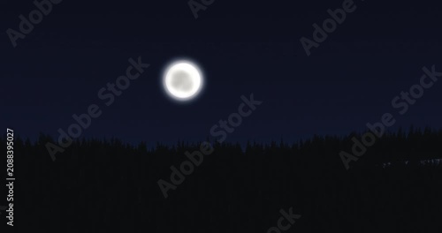 Mystical night landscape showing glowing full moon rising above dark pine forest in Carpathian Mountains, Ukraine, with deep twilight sky and silhouettes of mountain ridges.
