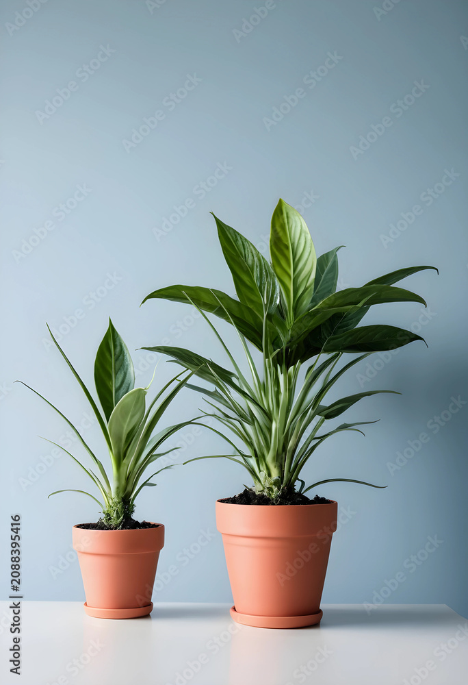Fototapeta premium Two green houseplants in terracotta pots on white table