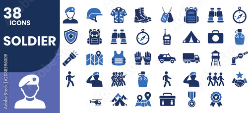 Professional blue and navy blue soldier solid icon set featuring military service, tactical equipment, rescue missions, peacekeeping, survival gear, navigation, honor, and defense symbols.