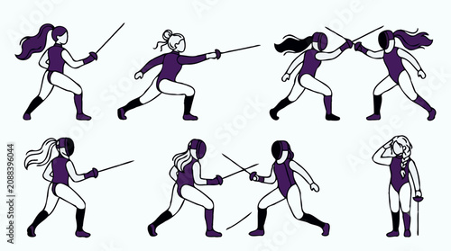 Women fencing sports actions and poses flat pattern background