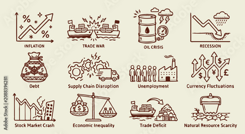 Global economic crisis politic issues and trade war concept line icons set