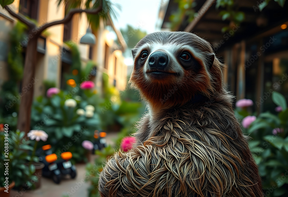 Fototapeta premium content sloth looking over shoulder in urban botanical garden