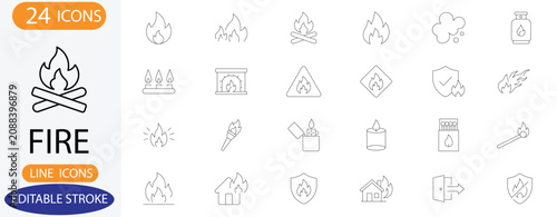Fire and flame line icons. Vector bonfire, matchstick, and candle symbols with editable stroke.