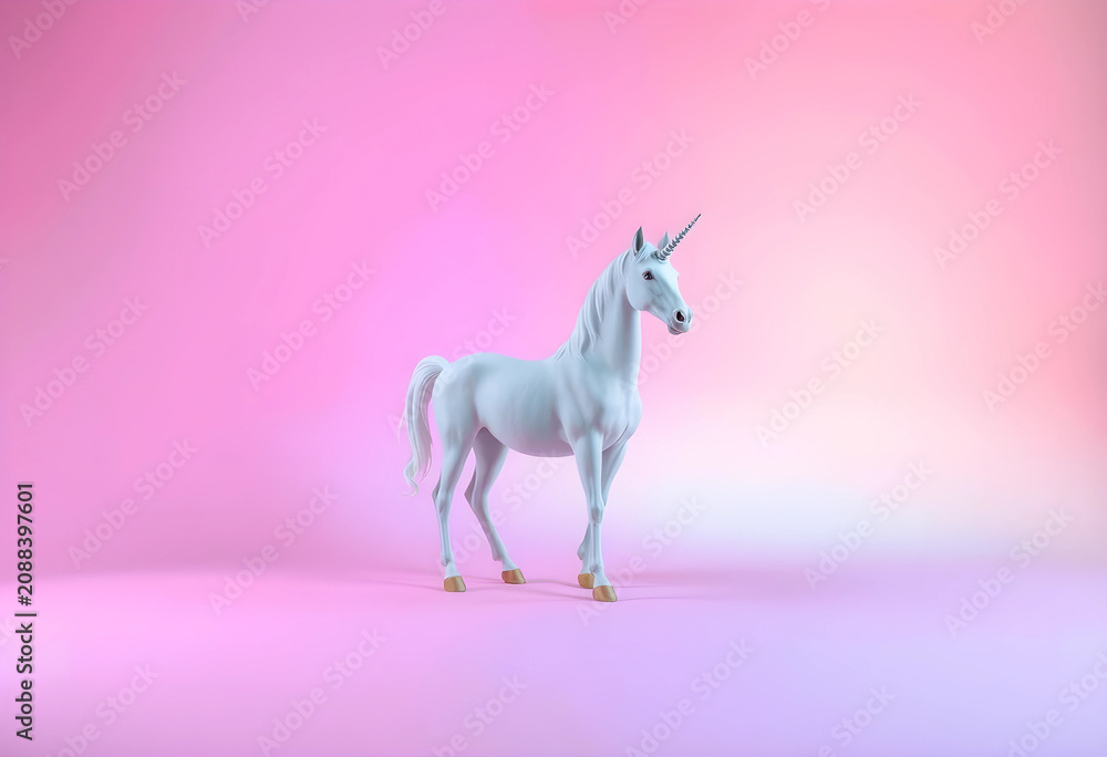 Obraz premium white unicorn standing on pink gradient background