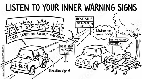 Tableau sur toile A Hand Drawn illustration of a person ignoring inner warning signs while driving