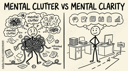 Fotografía Person standing at office desk with mental clarity versus person entangled with