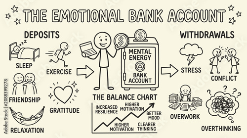 Hand Drawn illustration of a person managing mental energy through daily deposits and withdrawals.