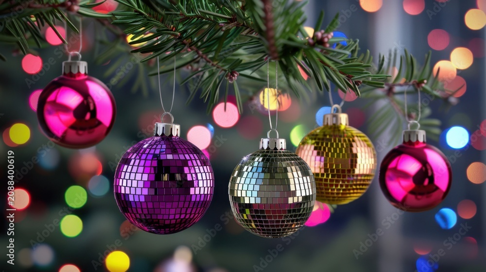 Fototapeta premium Colorful Christmas Ornaments Hanging on a Pine Branch with Blurred Festive Lights in the Background