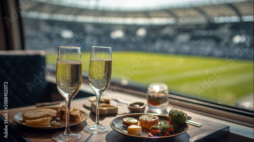 Two glasses of sparkling wine with gourmet appetizers on wooden table by window overlooking bright green soccer stadium, creating festive mood