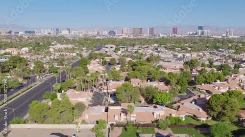 Las Vegas Neighborhood Lateral Aerial with Strip Skyline and Mountain View 03