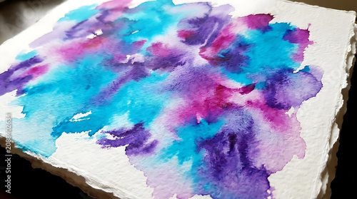 Abstract watercolor paint splashes and swirls on white paper texture