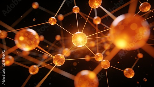 digital illustration featuring a network of interconnected nodes and lines, resembling a molecular or neural network structure. The layout is abstract, with glowing orange spheres connected by thin li
