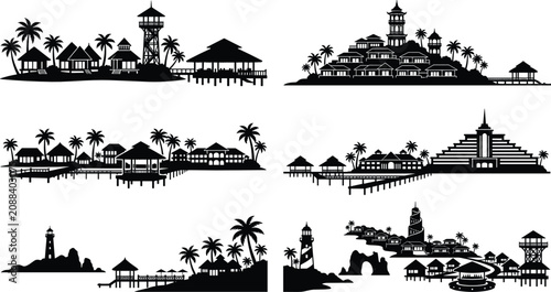 Tableau sur toile Tropical Island Resort Silhouette Set with Beach Village, Lighthouse, and Coasta
