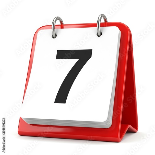 Calendar icon showing day seven in red frame 3D rendered style isolated on white background ideal for scheduling apps