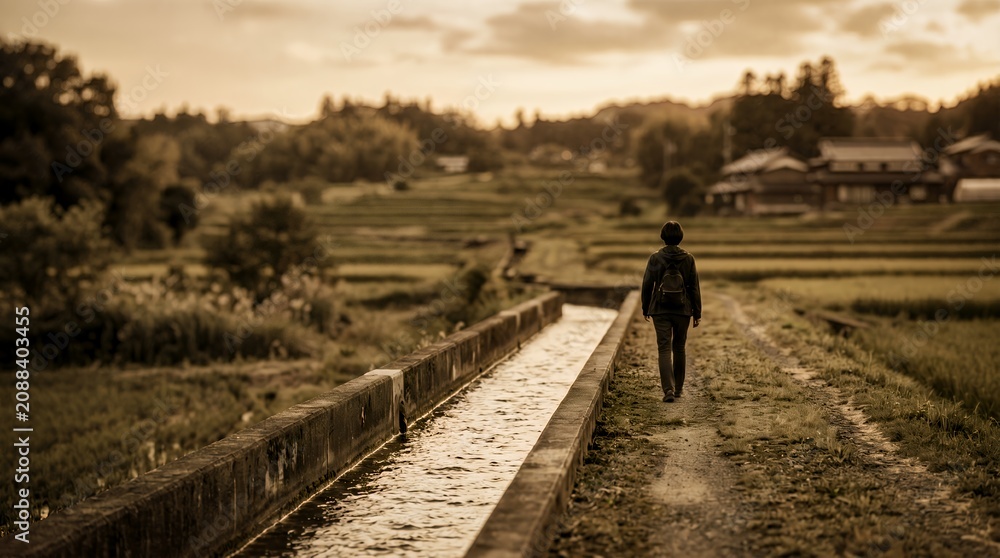 Obraz premium A Solitary Journey Through Golden Rice Fields at Sunset