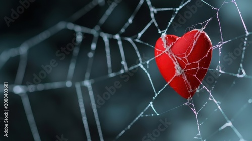 Red Heart Entangled in Delicate Spider Web Symbolizing Love and Vulnerability in a Dreamlike Atmosphere