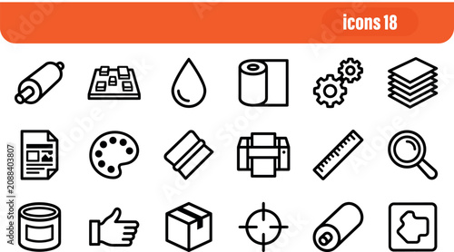 Картината върху платно Set of 18 commercial printing and prepress outline icons