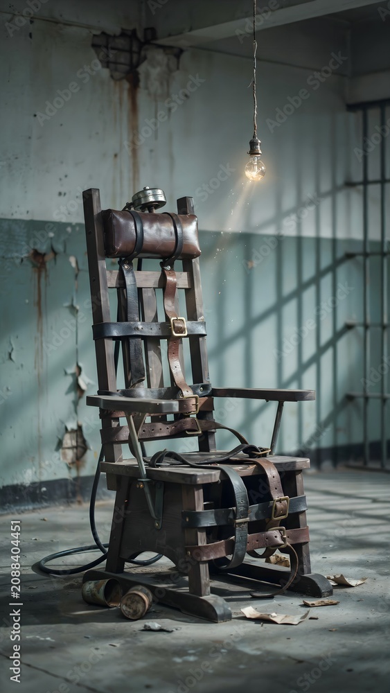 Naklejka premium Old Wooden High Back Restraint Chair in Abandoned Factory Environment