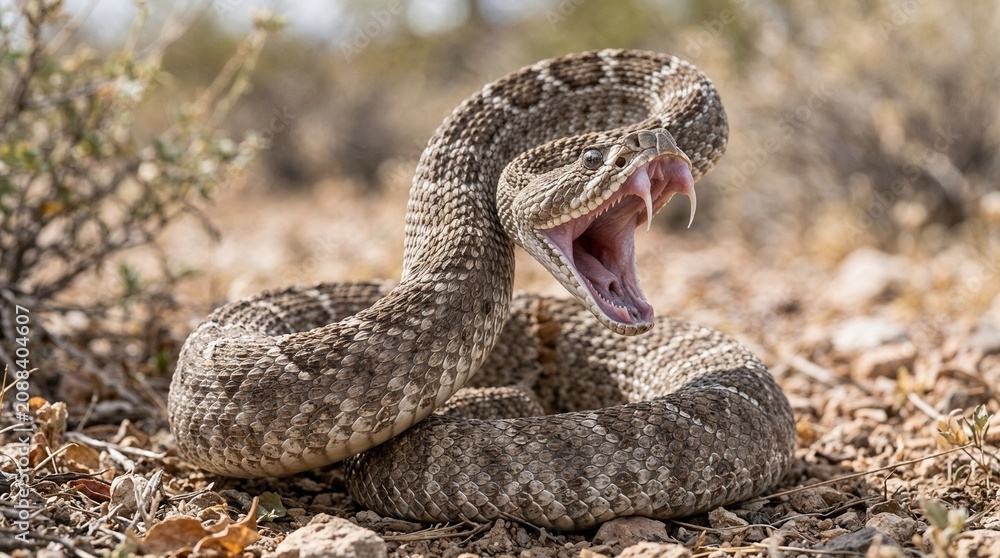 Naklejka premium Rattlesnake striking with open mouth showing fangs in dry desert terrain