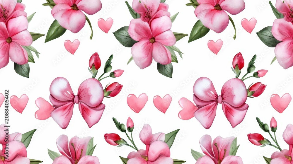 Obraz premium Delicate Pink Flowers and Hearts Pattern Design for Backgrounds and Textiles