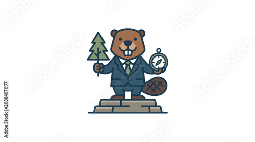 Tableau sur toile Business Beaver Holding Tree and Compass on Pedestal - Mascot