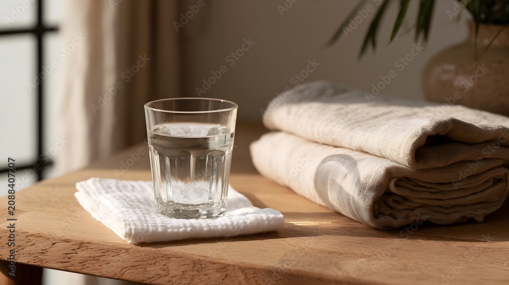 Fototapeta premium A clear glass of water sits on a white cloth beside folded beige towels on a wooden surface under warm sunlight