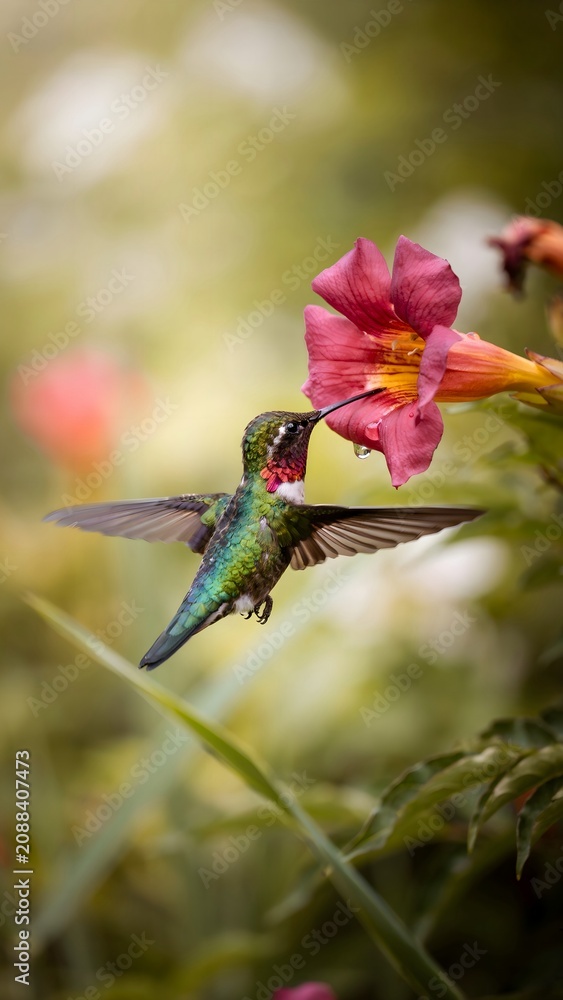 Fototapeta premium Vibrant Hummingbird Approaching Pink Flower in Bloom in Natural Setting