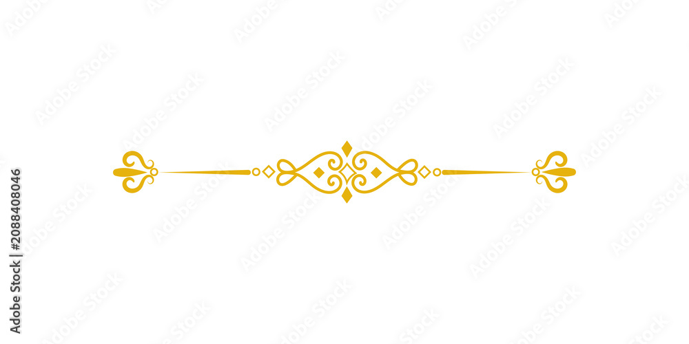 Fototapeta premium Elegant golden decorative divider with ornate scroll work and derailleurs ends, isolated on transparent background
