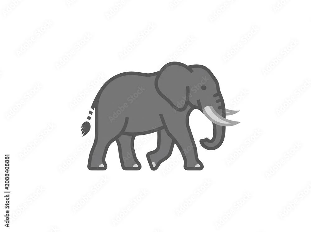 Fototapeta premium Flat vector illustration of a majestic grey walking elephant featuring thick clean lines and a simple minimalist style capturing the gentle nature of this large African mammal on transparent backgroun