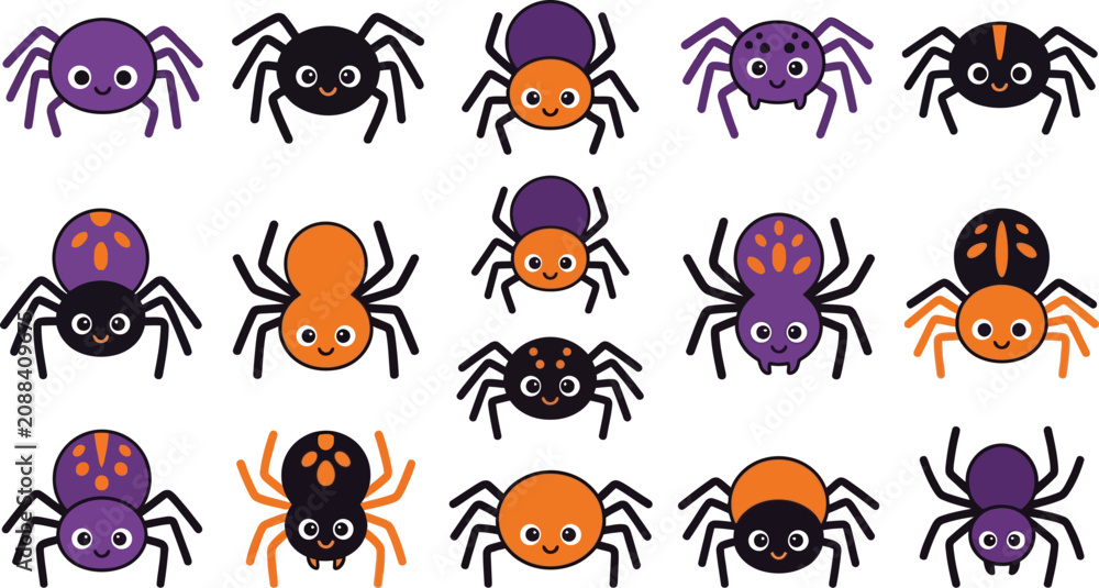 Obraz premium Cute halloween spiders collection vector illustration for seasonal decorations party supplies