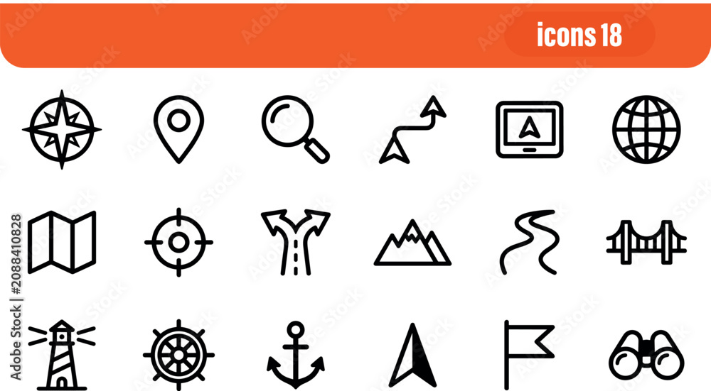 Fototapeta premium Navigation and Geography Location Line Icon Set