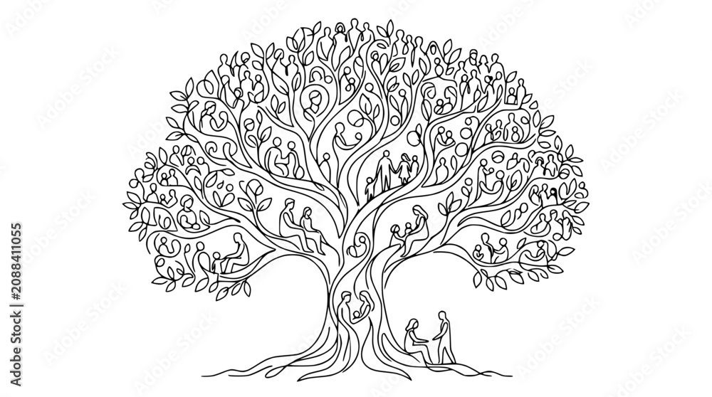 Fototapeta premium Family Tree Illustration: People as Leaves on Branches, Symbolizing Connection and Growth