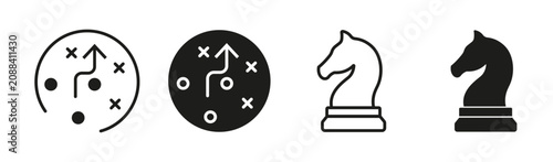 Strategy icon set. Business strategy, tactical planning, chess knight, and decision-making symbols representing leadership, strategic thinking, management, planning, and competitive analysis.