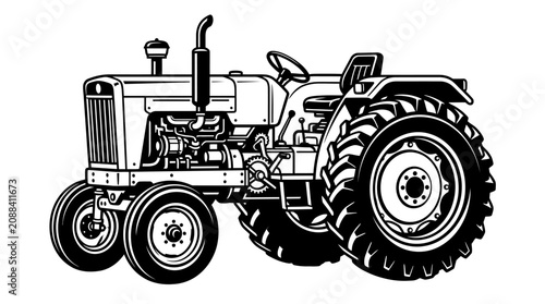 Black and white illustration of a vintage agricultural tractor for farming.