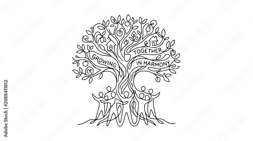 Fototapeta premium Family Tree Illustration: People Holding Hands Around Roots, Growing Together in Harmony