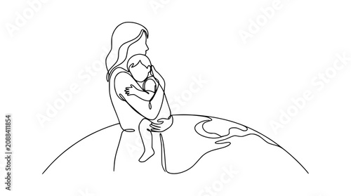 Photos Mother Holding Baby on Earth, Continuous Line Art, Family Love, Global Care