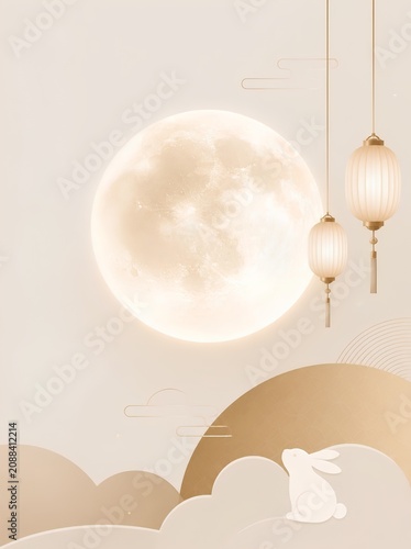 minimalist Moon Festival design with a large glowing full moon, simple hanging lanterns, subtle cloud shapes greeting card 