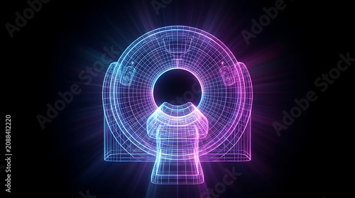 Neon Glowing Holographic Medical CT Scanner Wireframe Concept for Advanced Healthcare Imaging