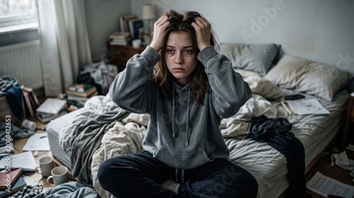 Depressed girl sitting on messy bed showing emotional burnout stress anxiety and mental health concept