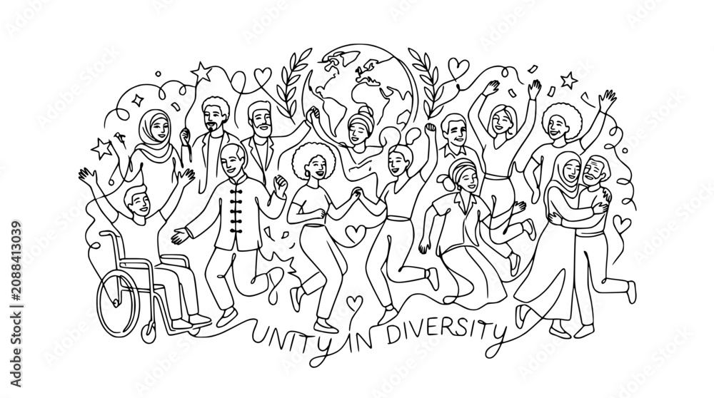 Fototapeta premium Diverse People Celebrating Unity and Diversity Around the Globe - Line Art Illustration
