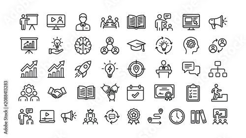Comprehensive business education and success development line icons set with growth elements for modern concepts
