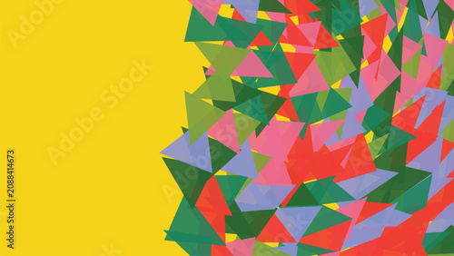 Creative abstract background with scatter of translucent overlapping triangles in vibrant multicolored palette on solid yellow flat surface.