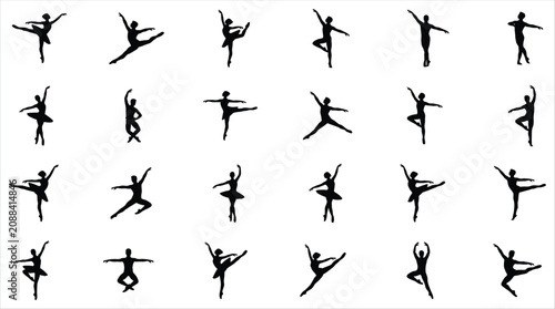 Multiple gymnasts performing aerial poses, black silhouettes