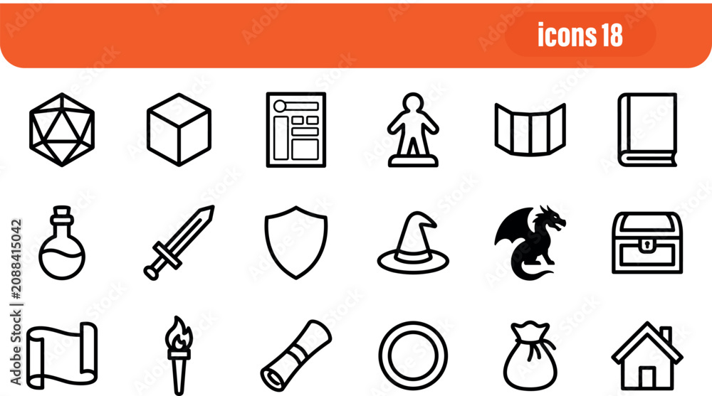 Fototapeta premium Fantasy RPG and Adventure Gaming Line Icon Set