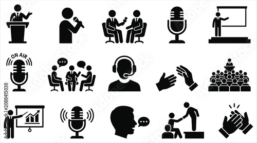 Black icons of people speaking and presenting in various settings
