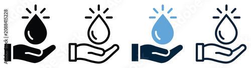 Water drop with hand silhouette and line icon set, featuring charity, care, save ecology, volunteering, donation symbols, save water awareness, humanitarian support, and environmental protection. 